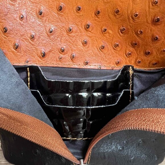 Vintage Genuine Ostrich Leather Borse in Pelle Crossbody Handbag Black Cognac - Picture 2 of 13